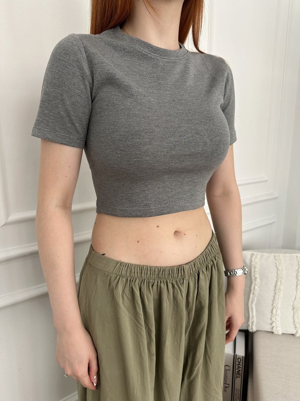 Modal Kumaş Crop Tişört Antrasit melanj