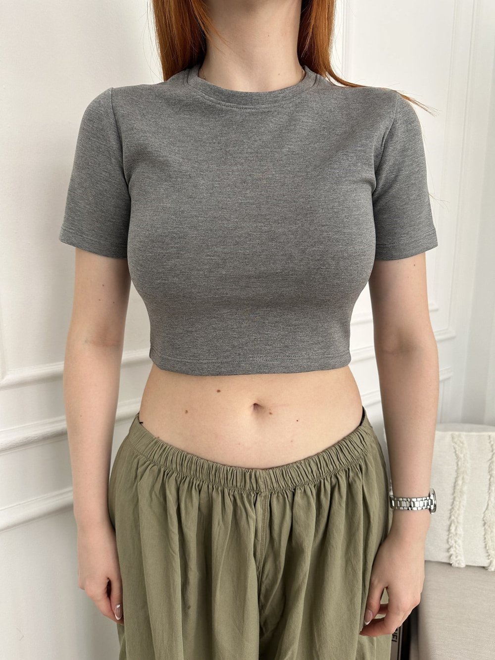Modal Kumaş Crop Tişört Antrasit melanj
