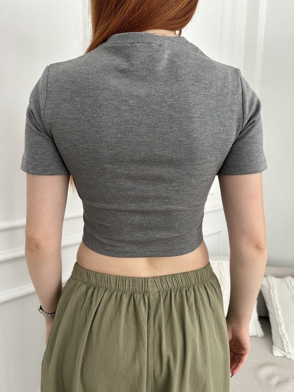 Modal Kumaş Crop Tişört Antrasit melanj