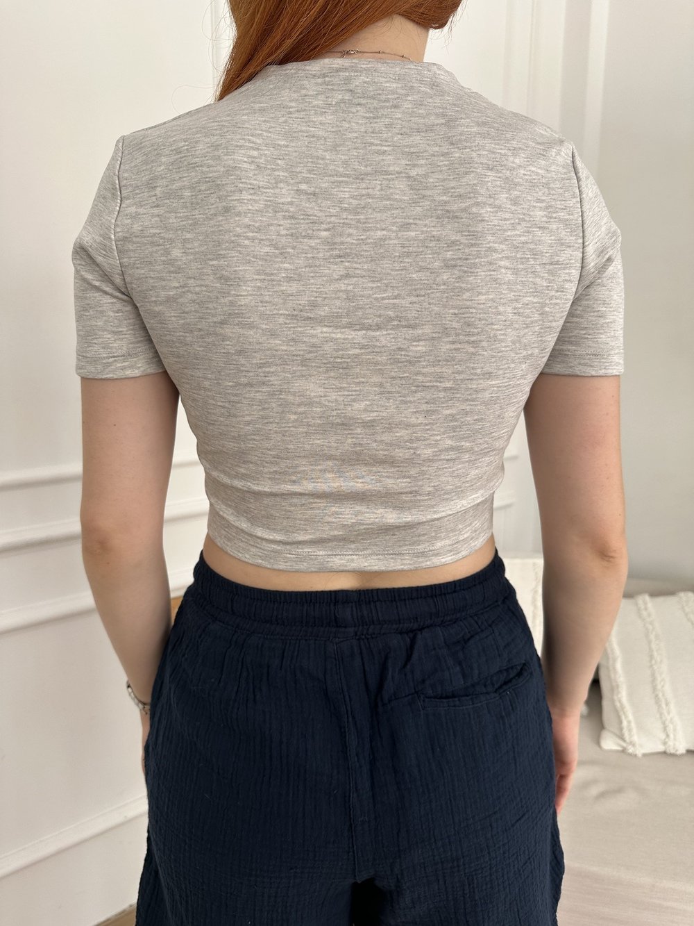 Modal Kumaş Crop Tişört Gri melanj