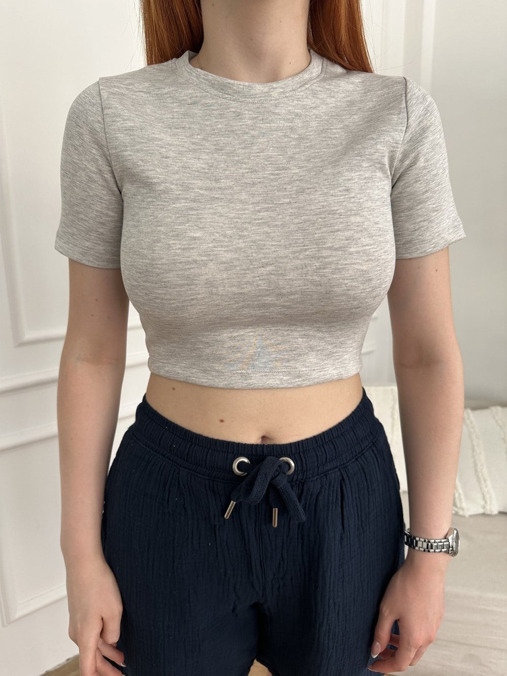 Modal Kumaş Crop Tişört Gri melanj