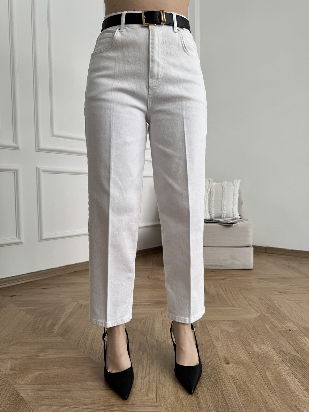 Mom Fit Kemerli Jean Beyaz