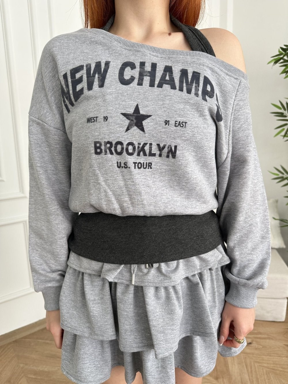 New Champs Baskılı Double Sweatshirt Gri melanj