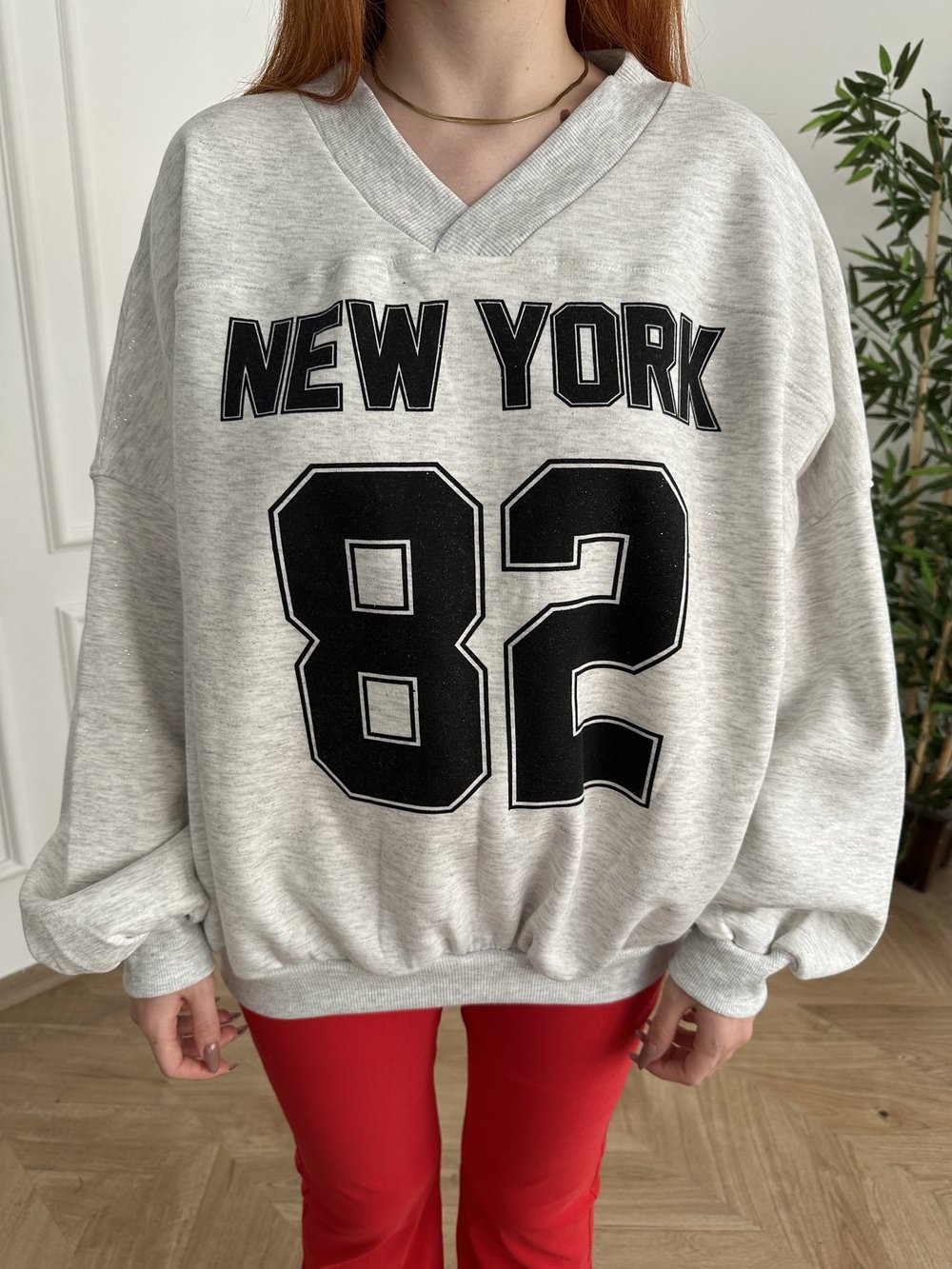 New York 82 Baskılı Oversize Sweatshirt Gri-gümüş