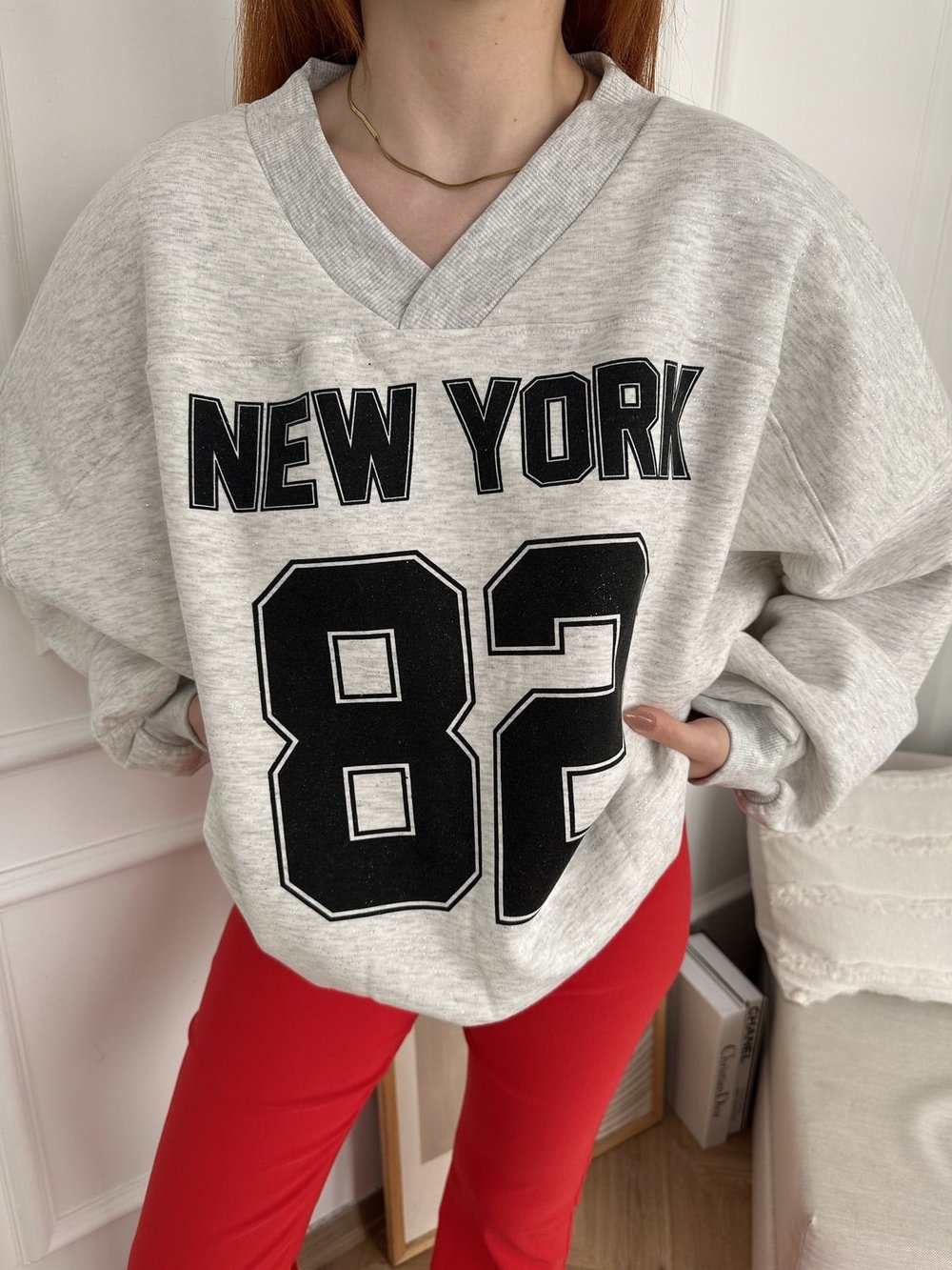 New York 82 Baskılı Oversize Sweatshirt Gri-gümüş