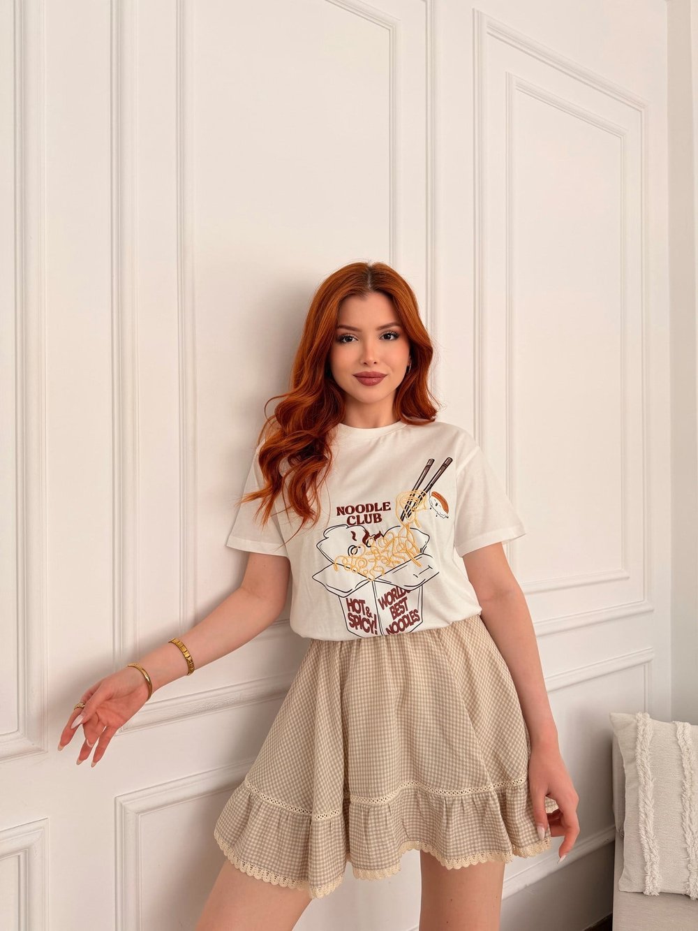Noddle Baskılı T-shirt Ekru