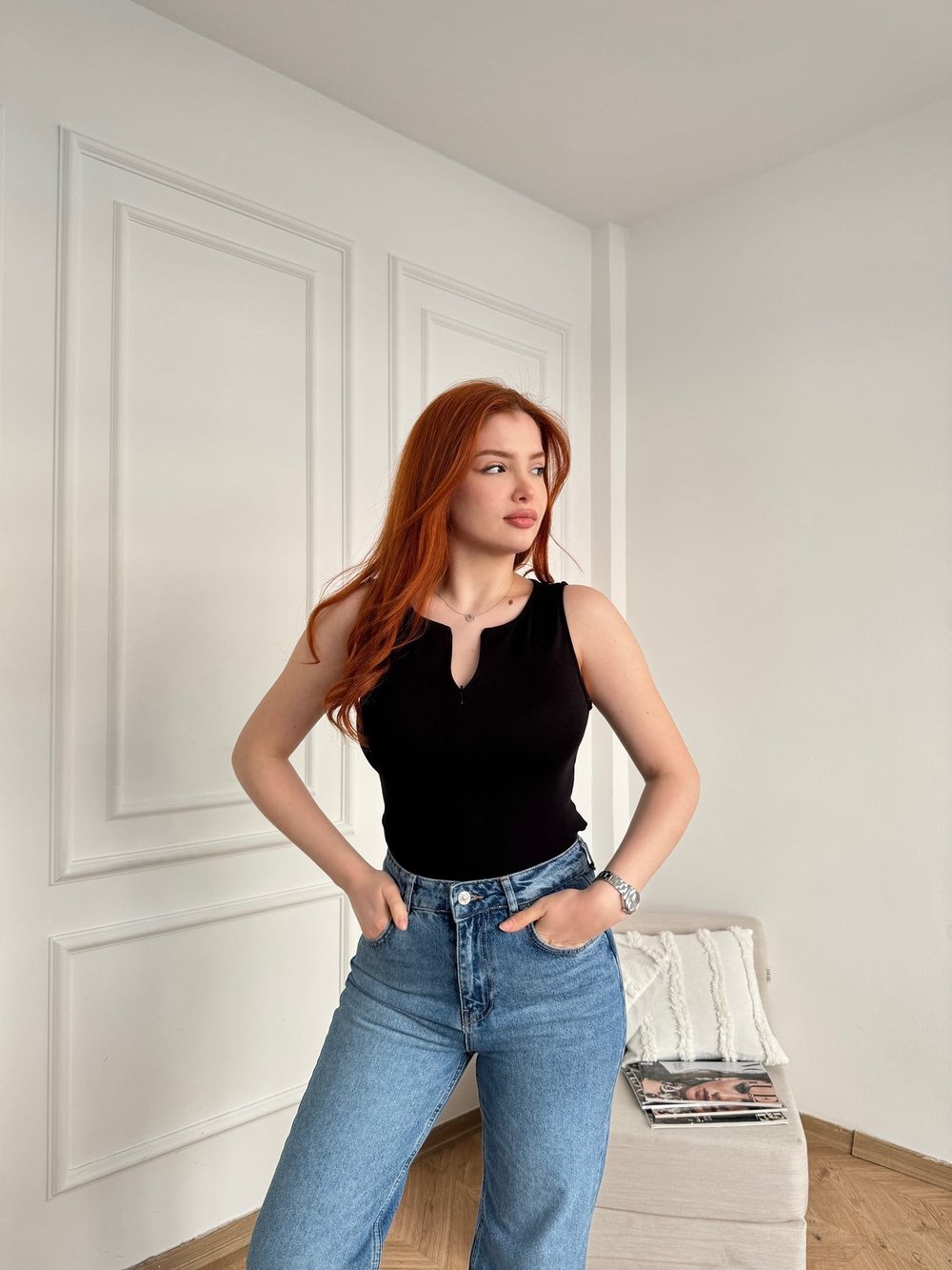Önü Fermuarlı Bluz Siyah
