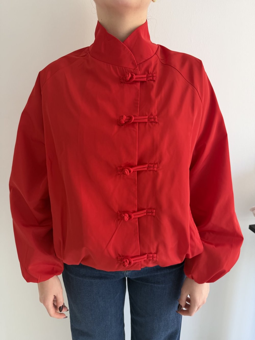 Oversize Çin Düğmeli Mont Kırmızı