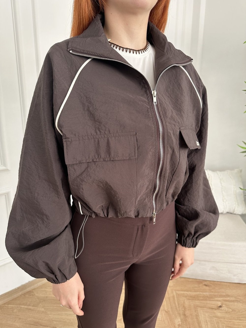 Oversize Crop Paraşüt Ceket Kahve