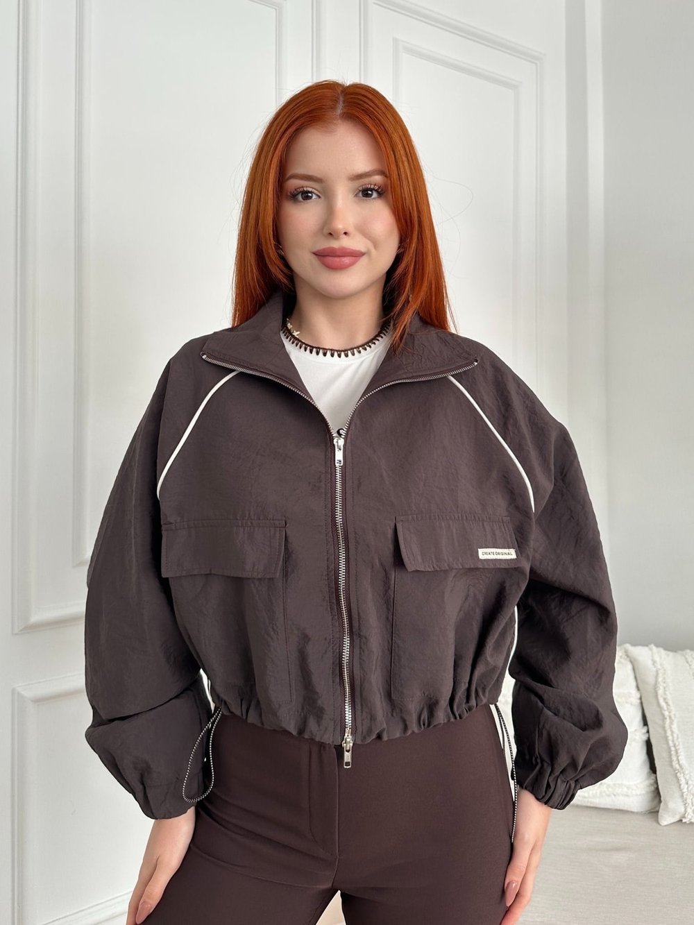Oversize Crop Paraşüt Ceket Kahve