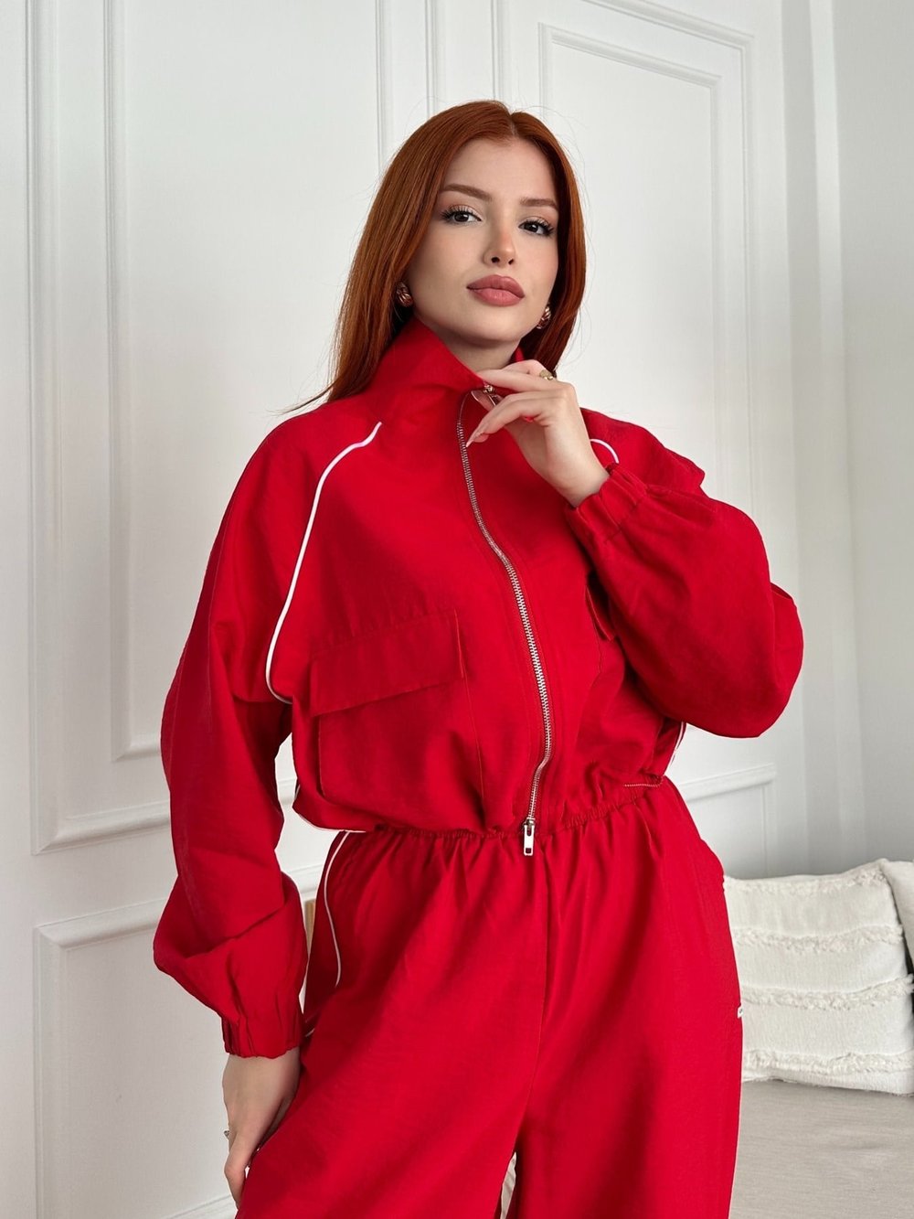 Oversize Crop Paraşüt Ceket Kırmızı