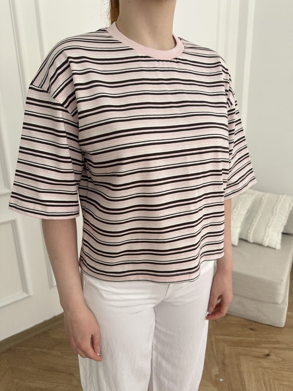 Oversize Fit Çizgili T-shirt Pembe-kahve