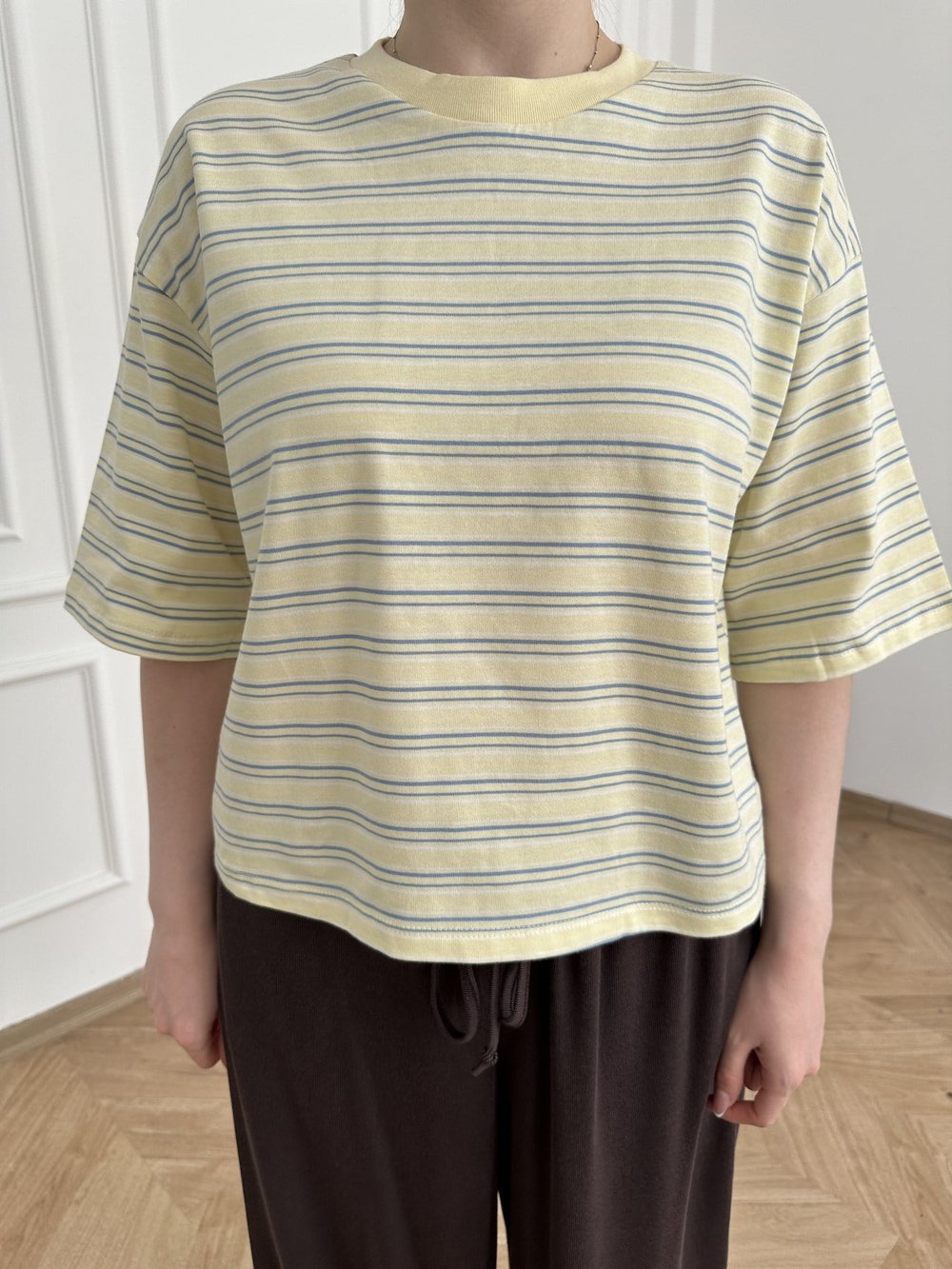 Oversize Fit Çizgili T-shirt Sarı-mavi