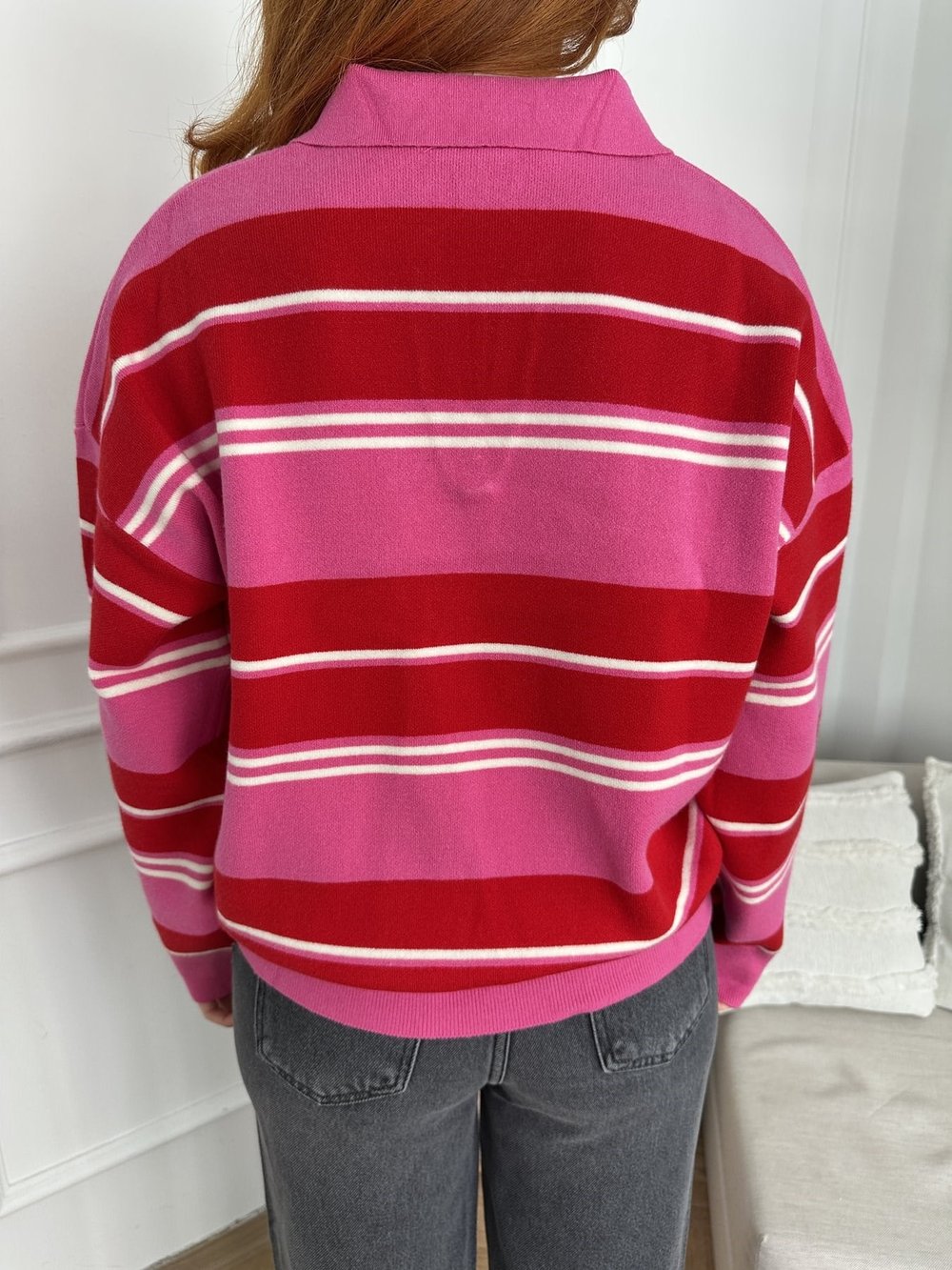 Oversize Polo Yaka Çizgili Triko Pembe