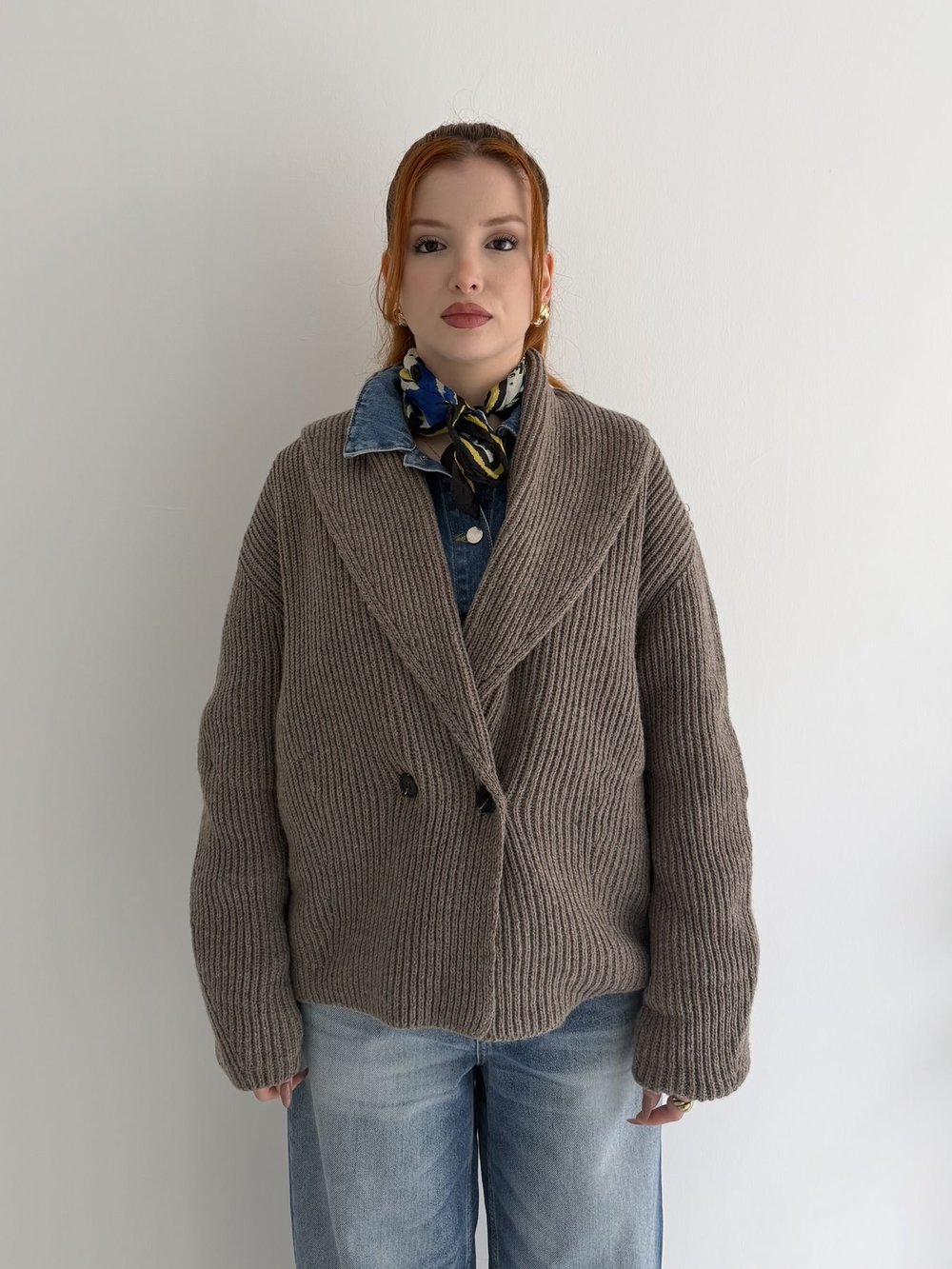 Oversize Şal Yaka Hırka Vizon