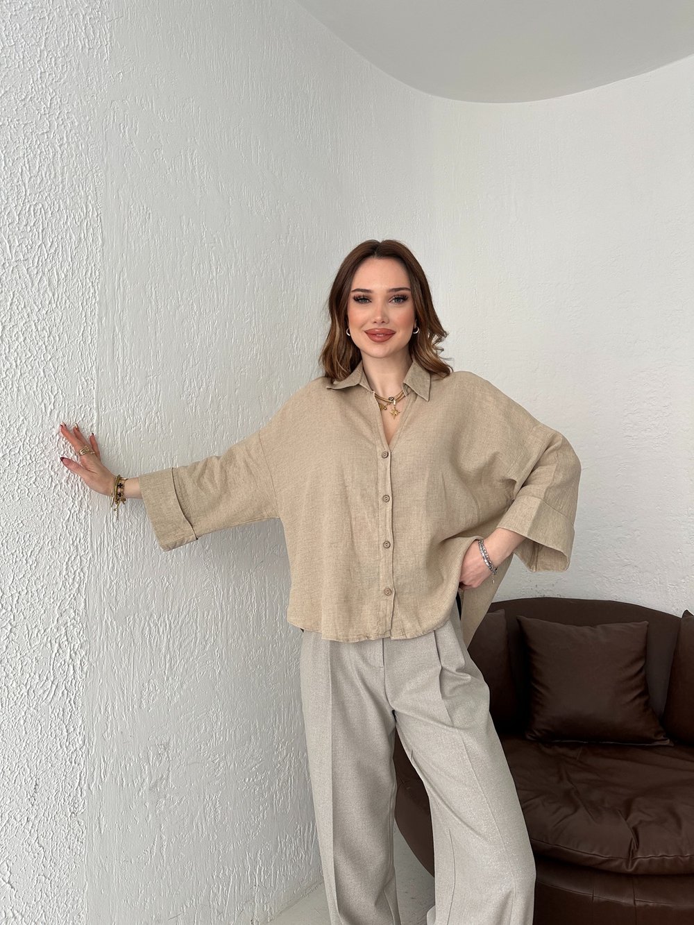 Oversize Sırt Detaylı Gömlek Naturel