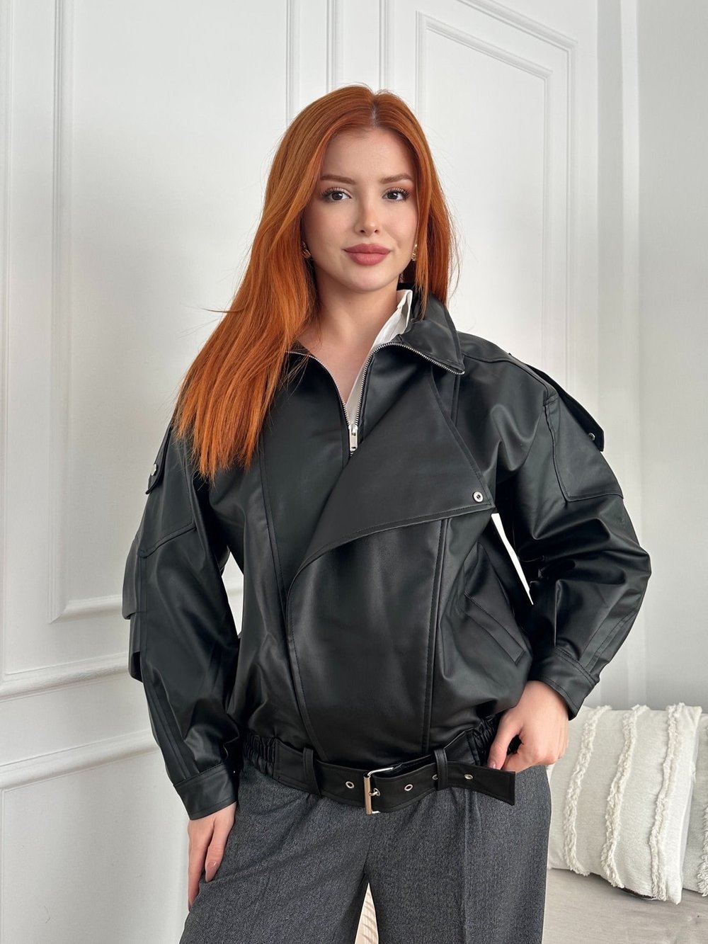 Oversize Yara Kol Deri Mont Siyah