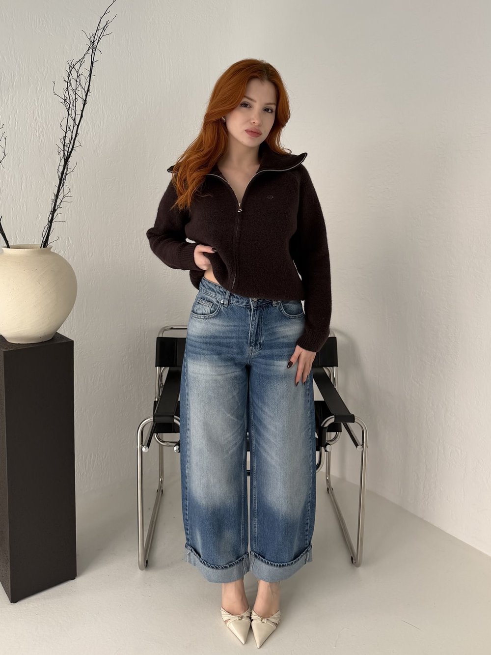 Paça Detaylı Geniş Kesim Pantolon Mavi