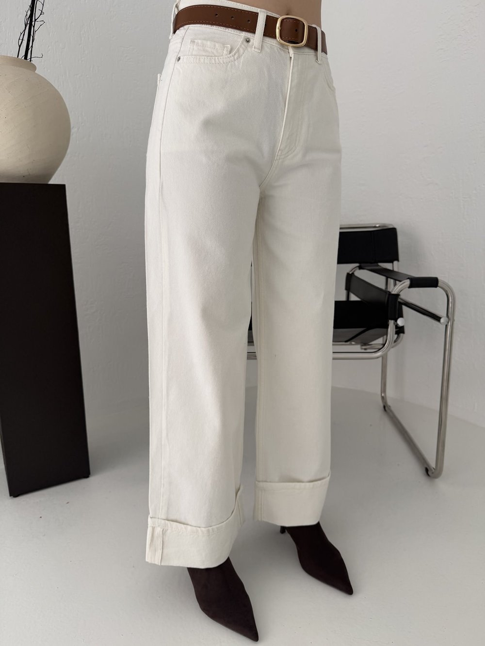 Paça Katlamalı Jean Pantolon Ekru