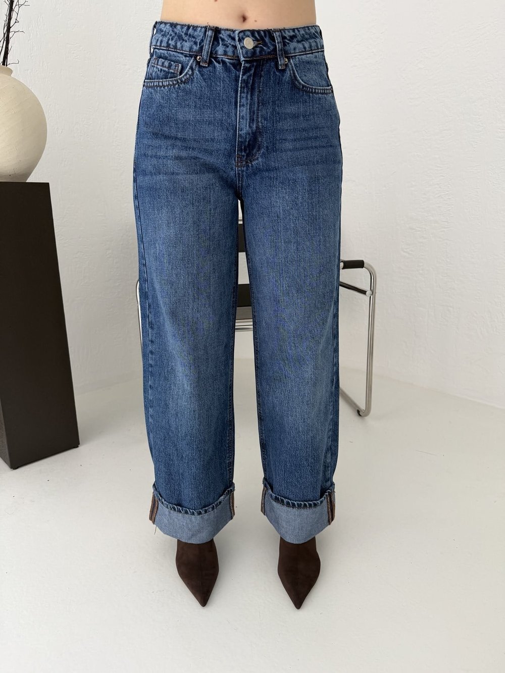 Paça Katlamalı Jean Pantolon Koyu mavi