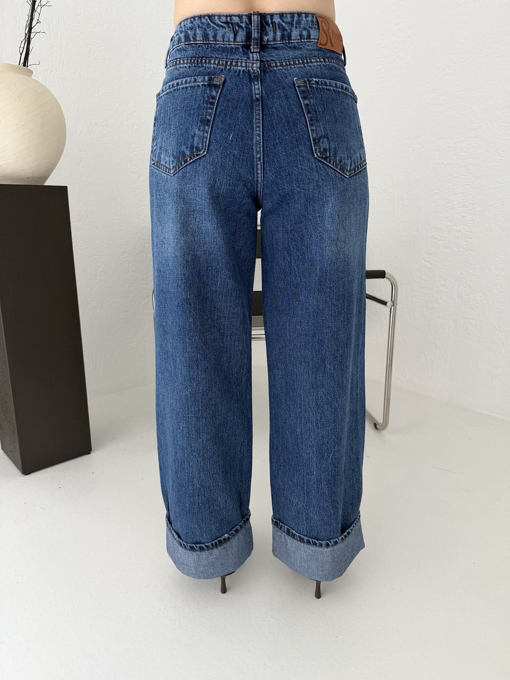 Paça Katlamalı Jean Pantolon Koyu mavi