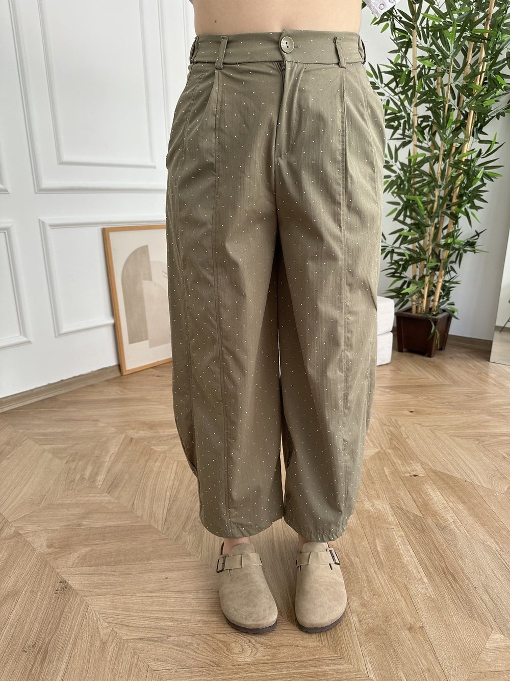 Pile Detay Taşlı Bol Pantolon Haki