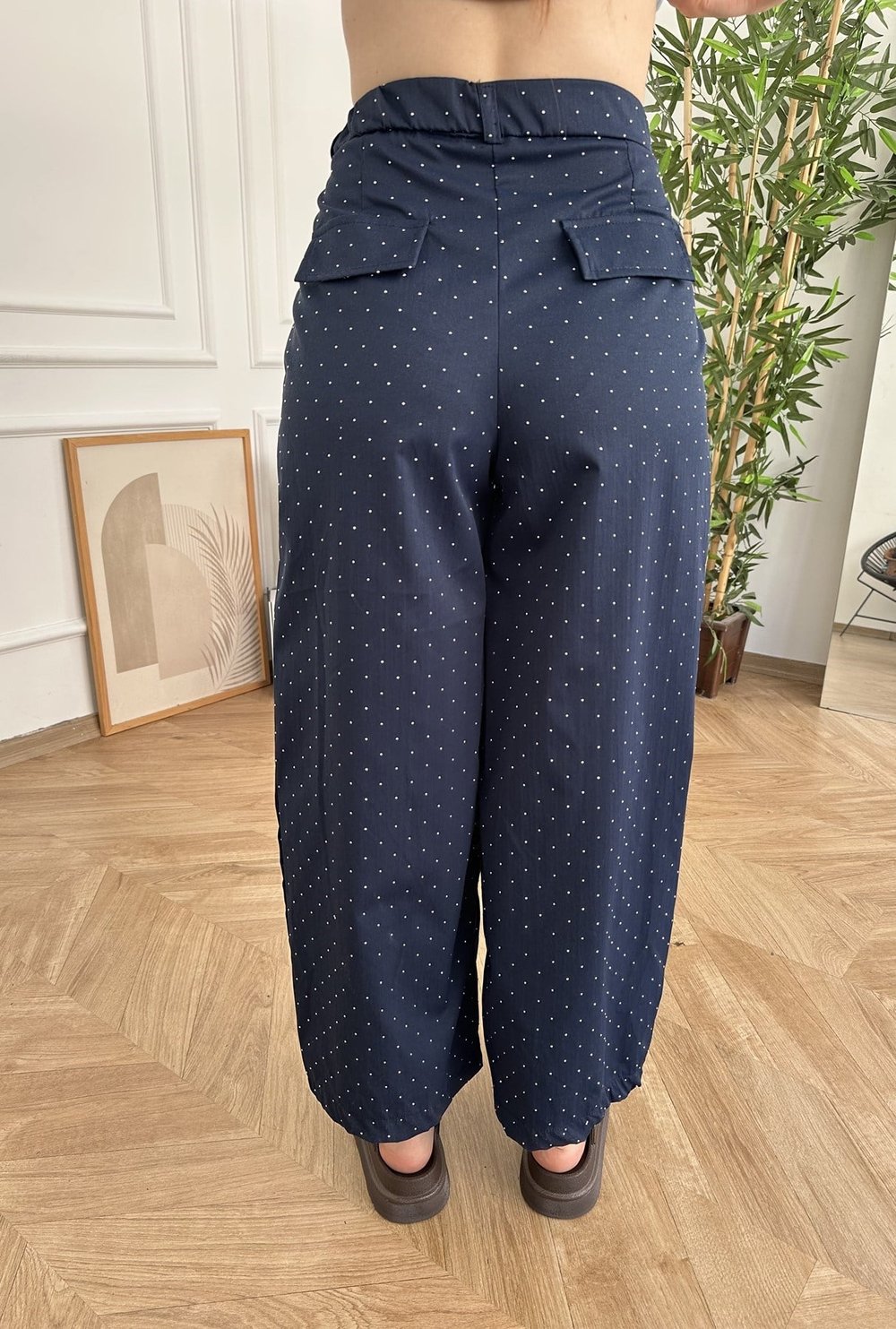 Pile Detay Taşlı Bol Pantolon Lacivert