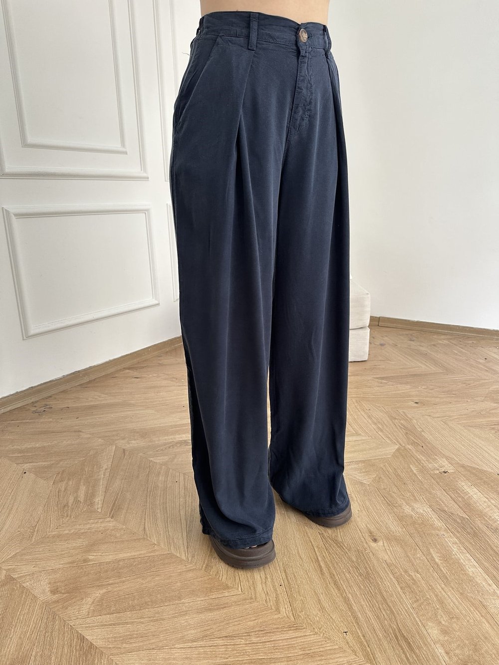 Pileli Tensel Pantolon Lacivert