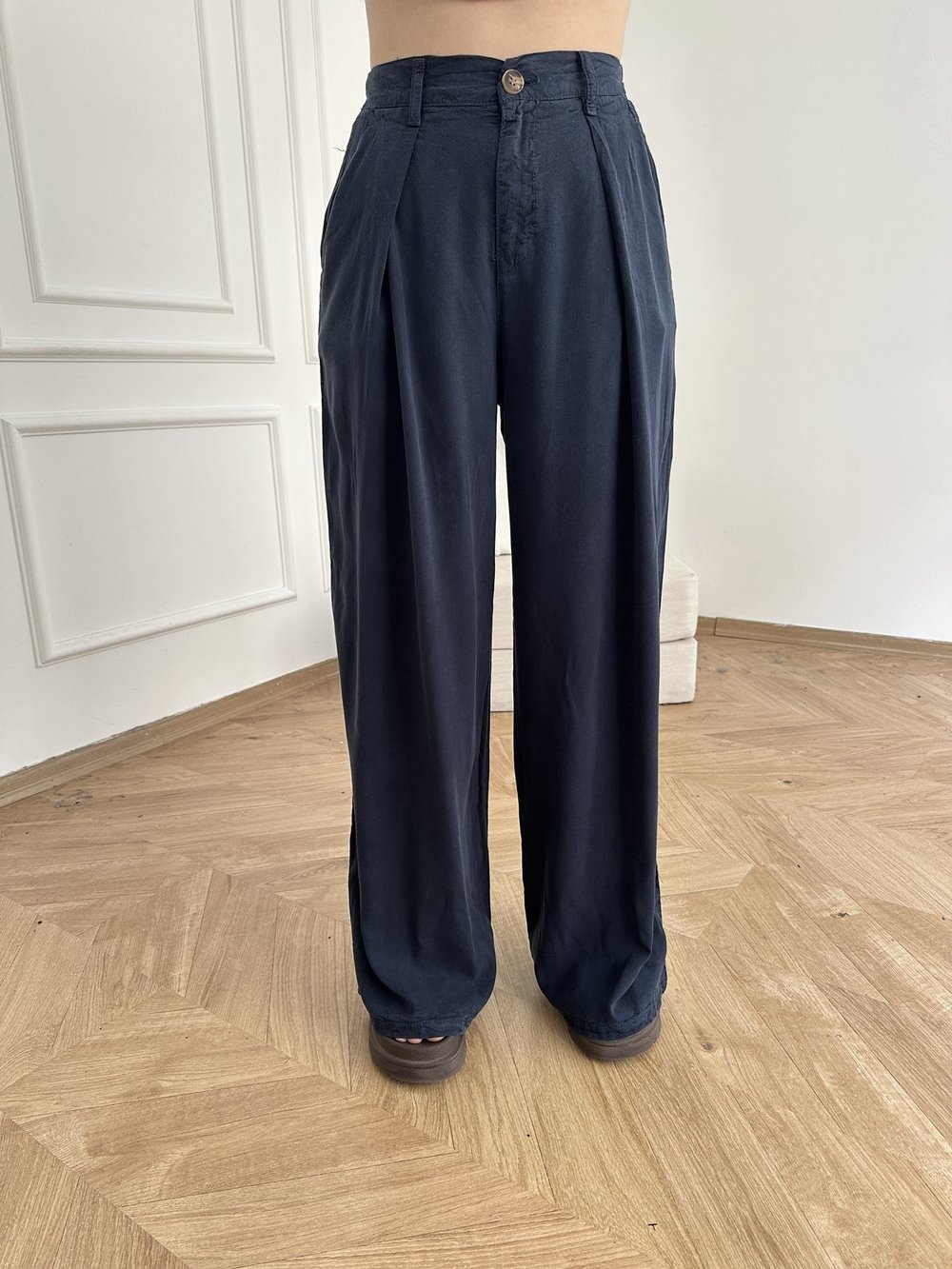 Pileli Tensel Pantolon Lacivert