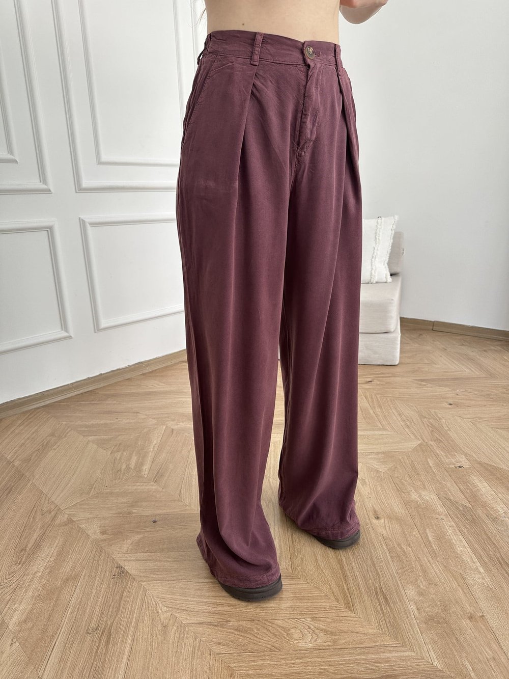 Pileli Tensel Pantolon Mürdüm