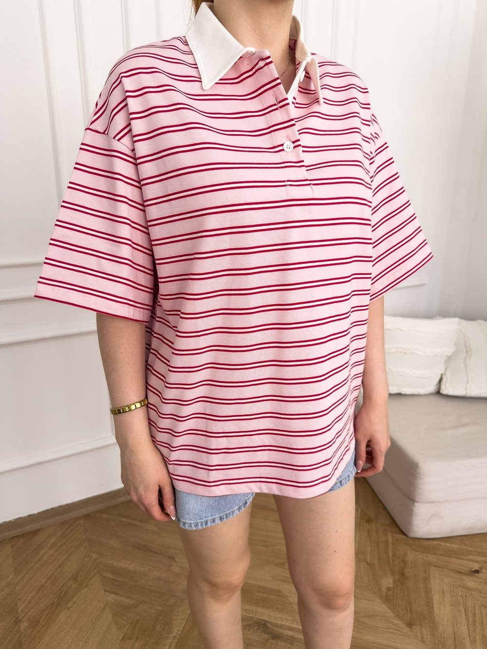 Polo Yaka Çizgili Oversize Tshırt Pembe-kırmızı