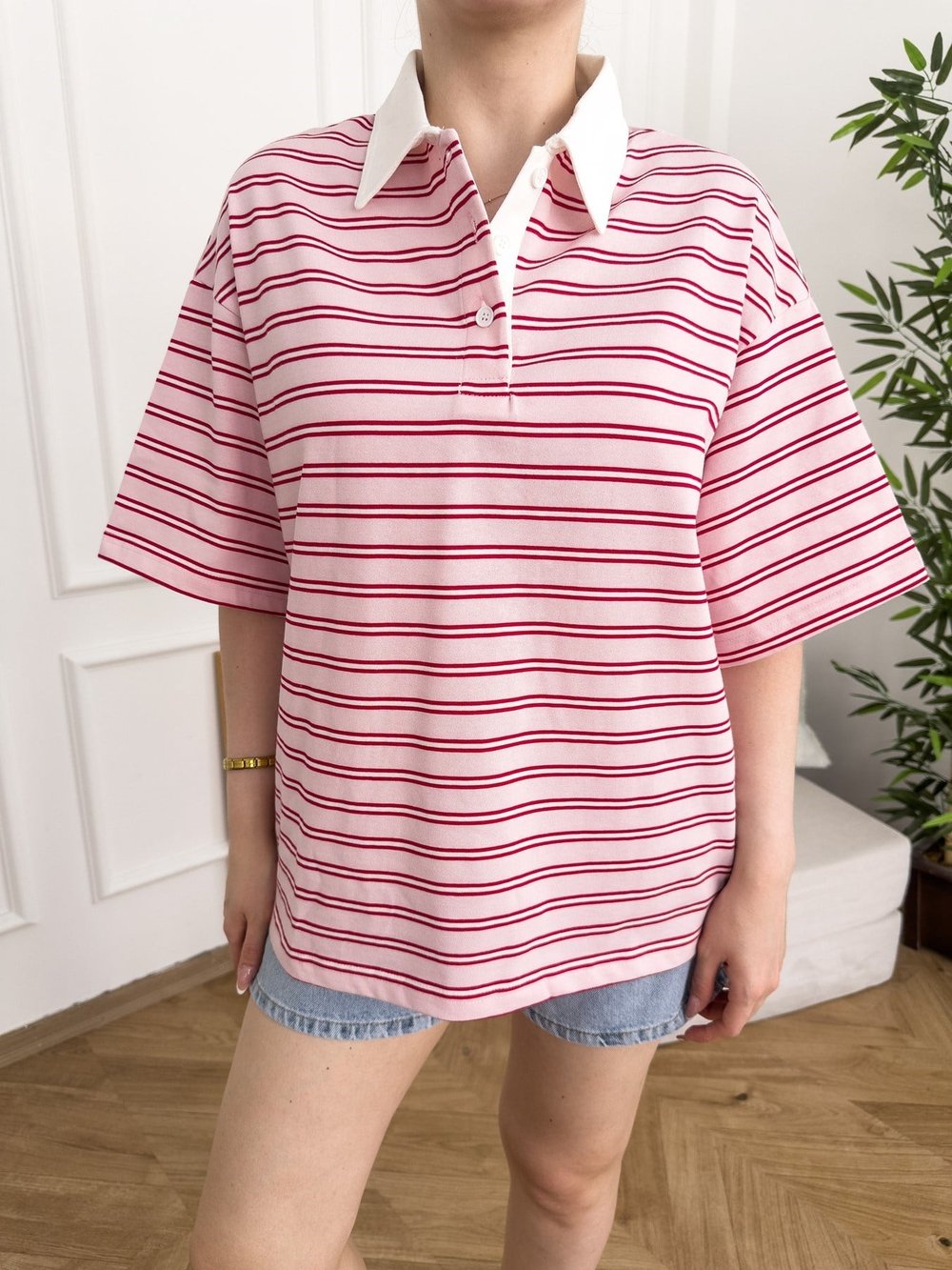 Polo Yaka Çizgili Oversize Tshırt Pembe-kırmızı