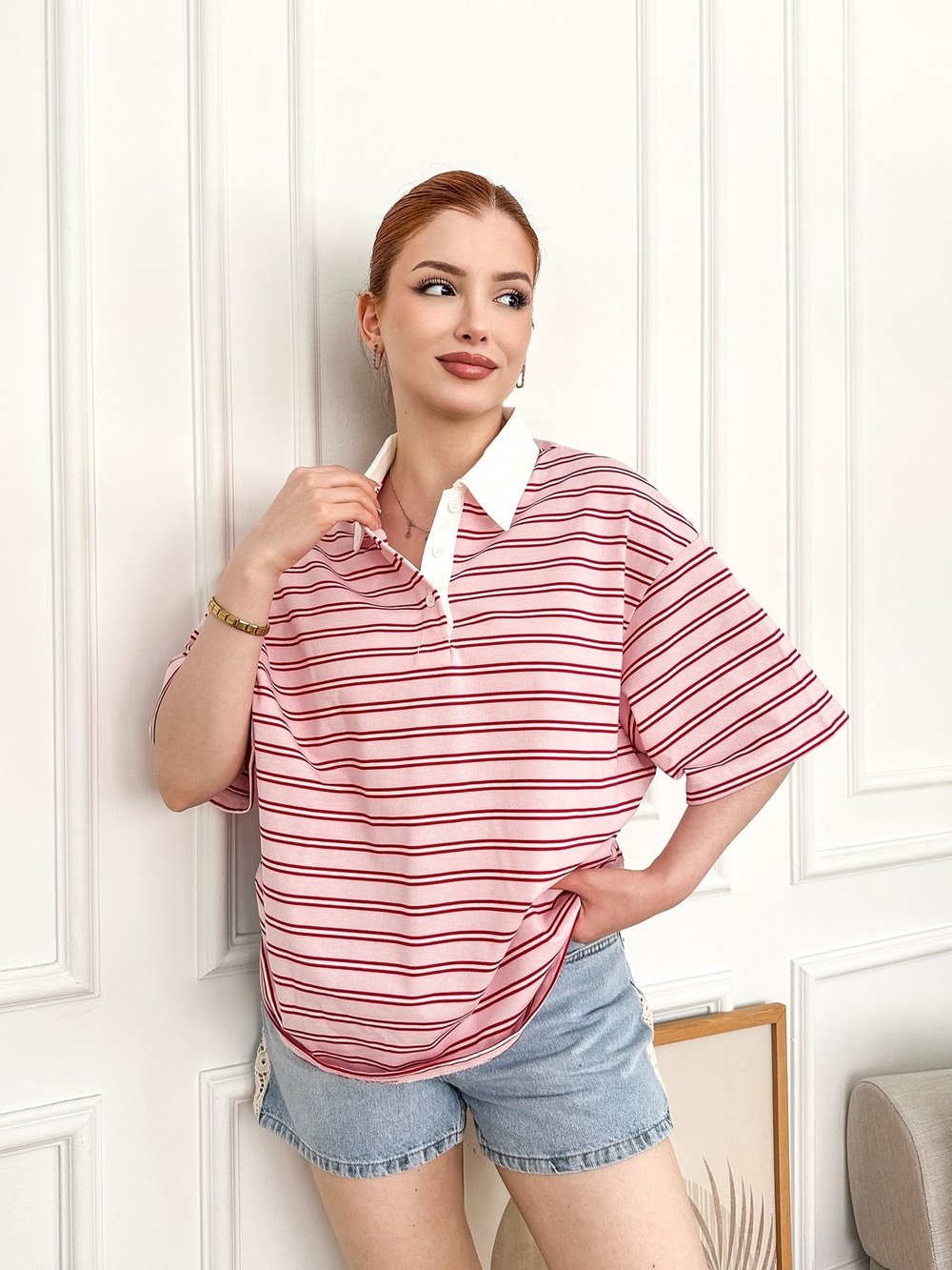 Polo Yaka Çizgili Oversize Tshırt Pembe-kırmızı