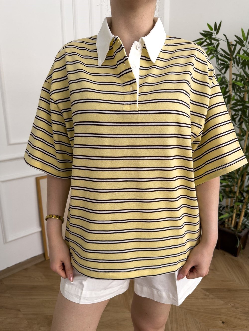 Polo Yaka Çizgili Oversize Tshırt Sarı_kahve
