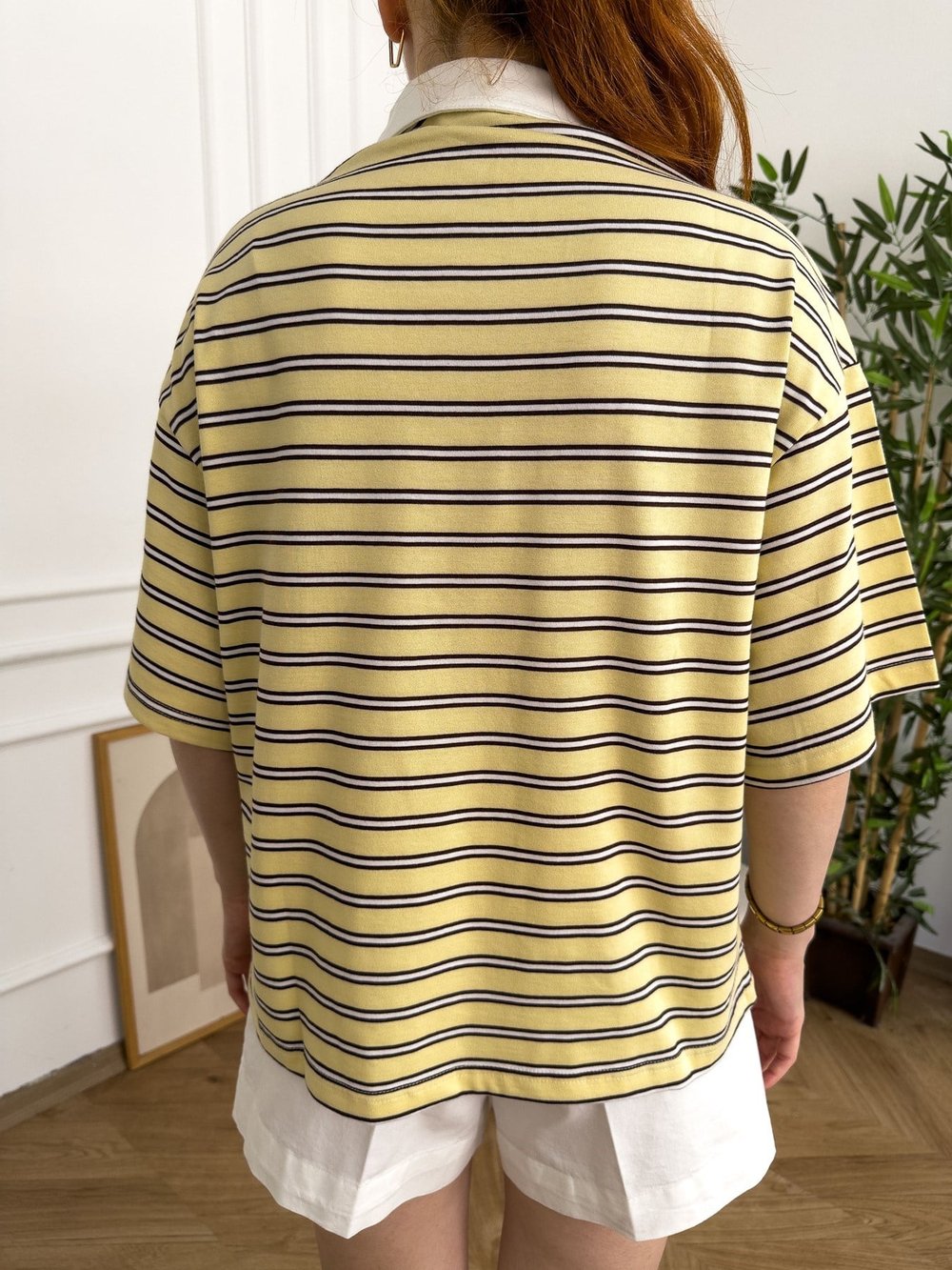 Polo Yaka Çizgili Oversize Tshırt Sarı_kahve