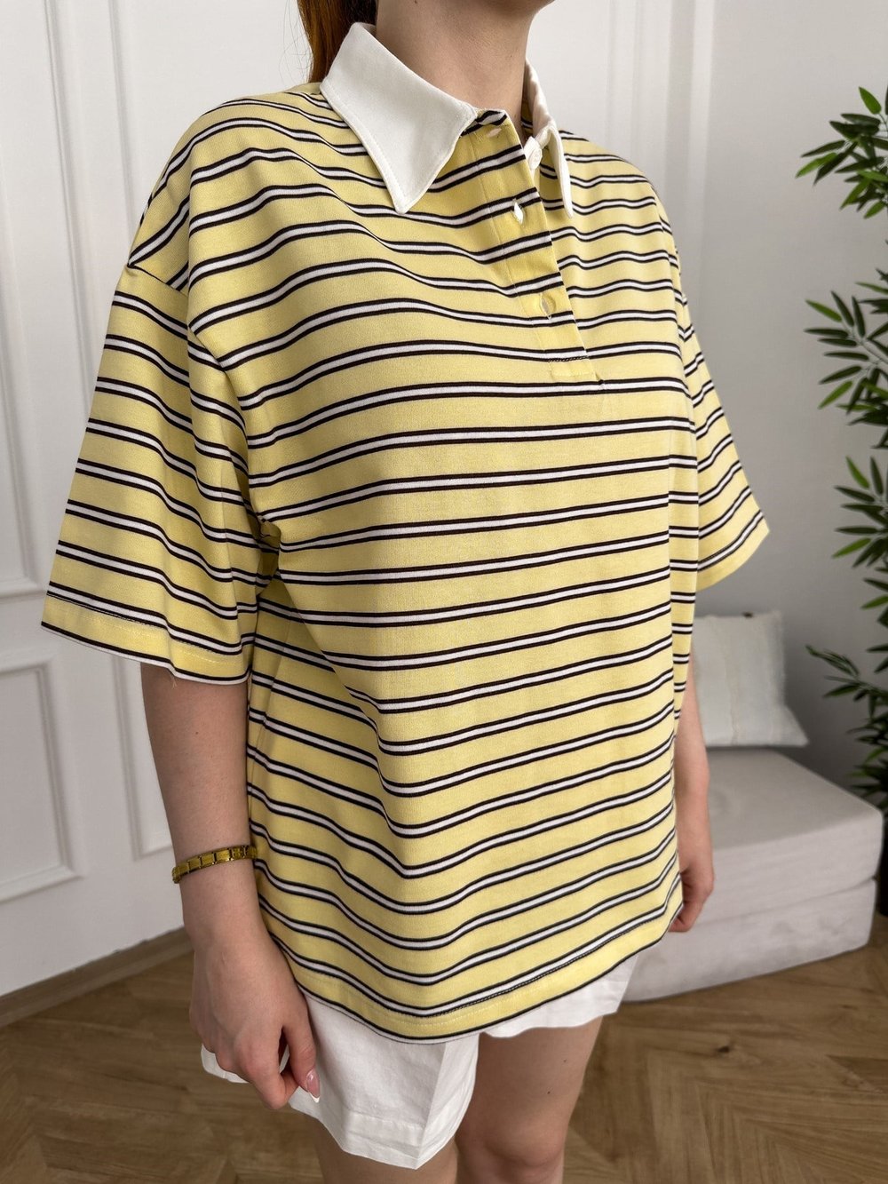 Polo Yaka Çizgili Oversize Tshırt Sarı_kahve