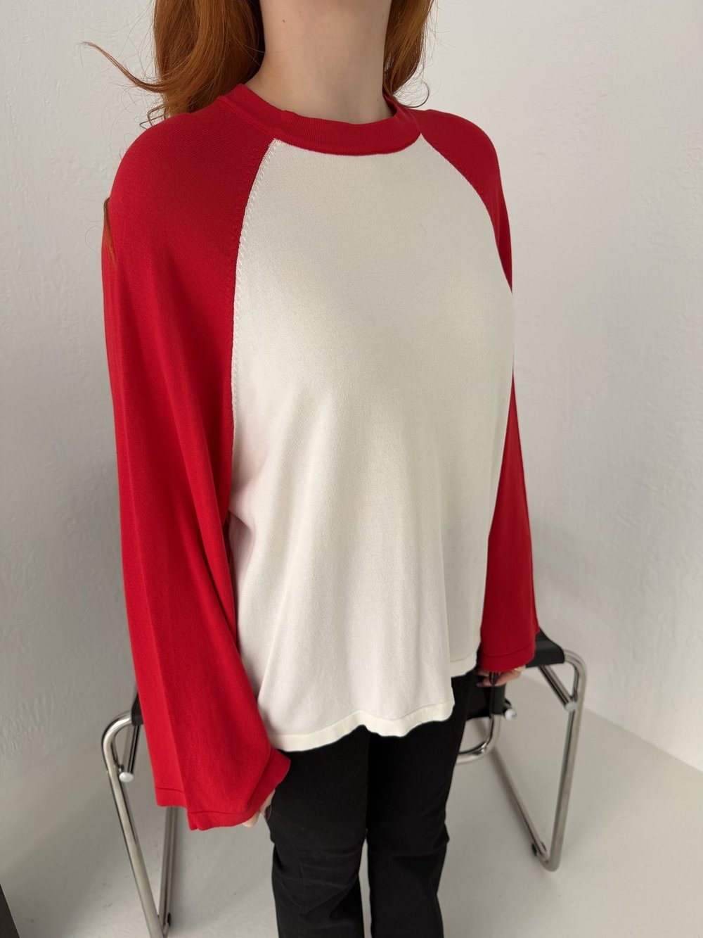 Reglan Kol Çift Renk Triko Ekru-kırmızı