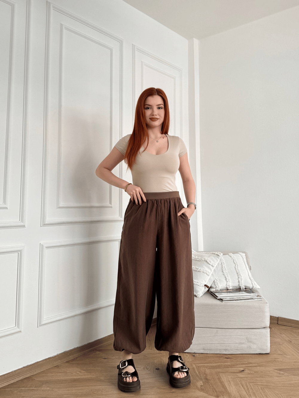 Ribana Belli Paça Lastikli Relax Pantolon Kahve