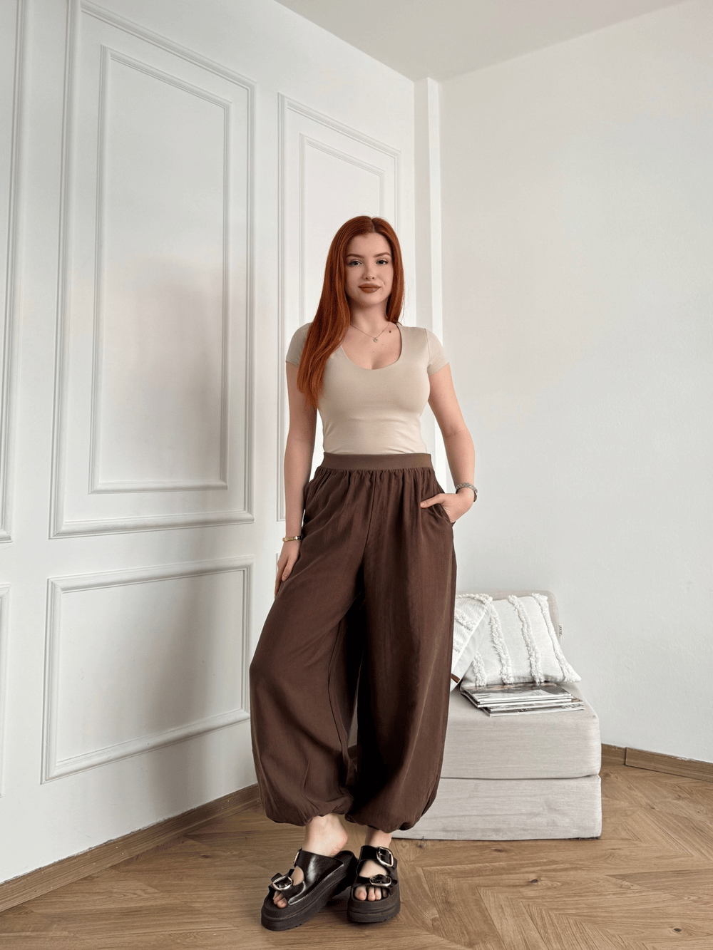 Ribana Belli Paça Lastikli Relax Pantolon Kahve