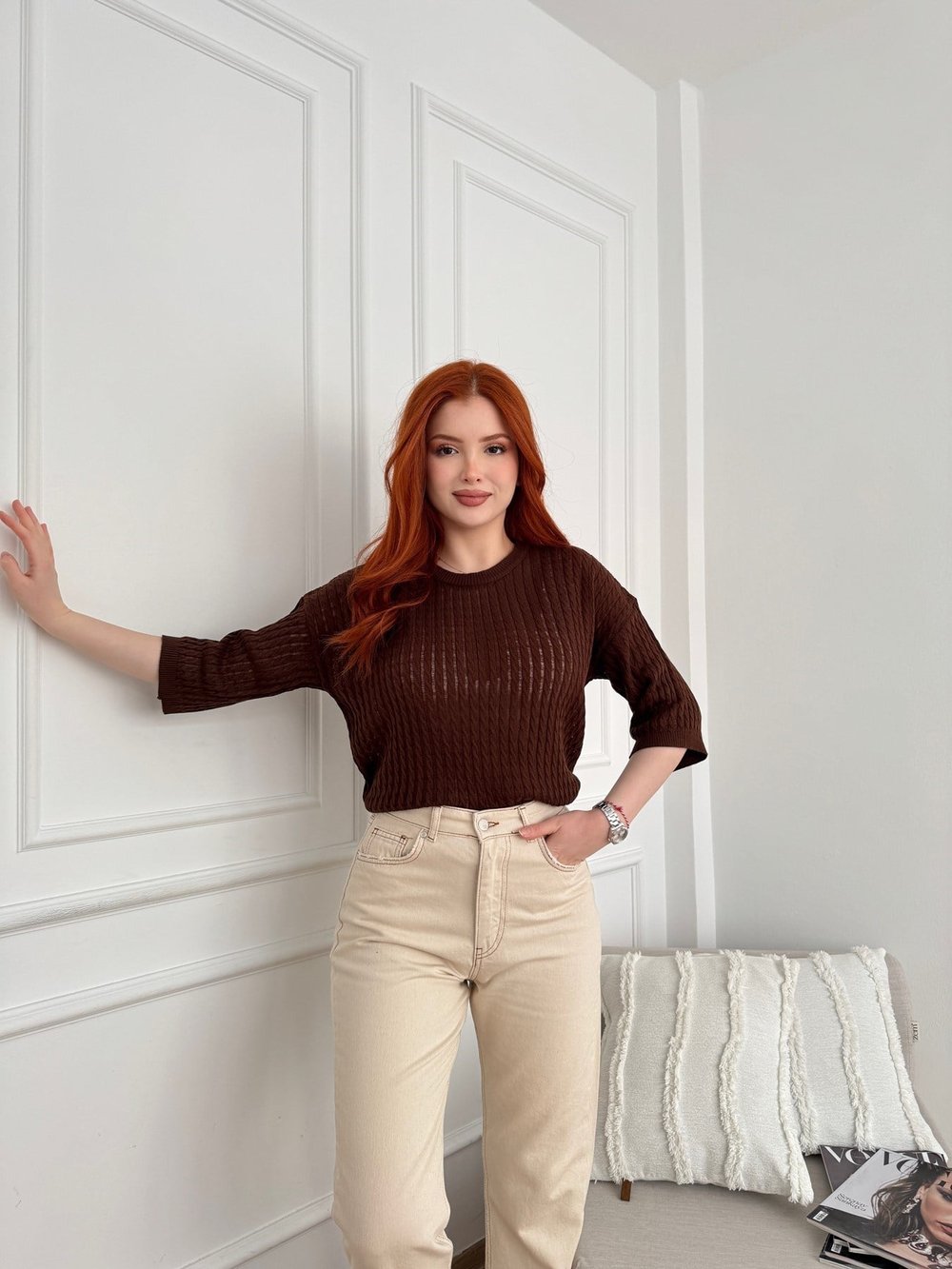 Saç Örgü Kısa Kol Triko Acı kahve