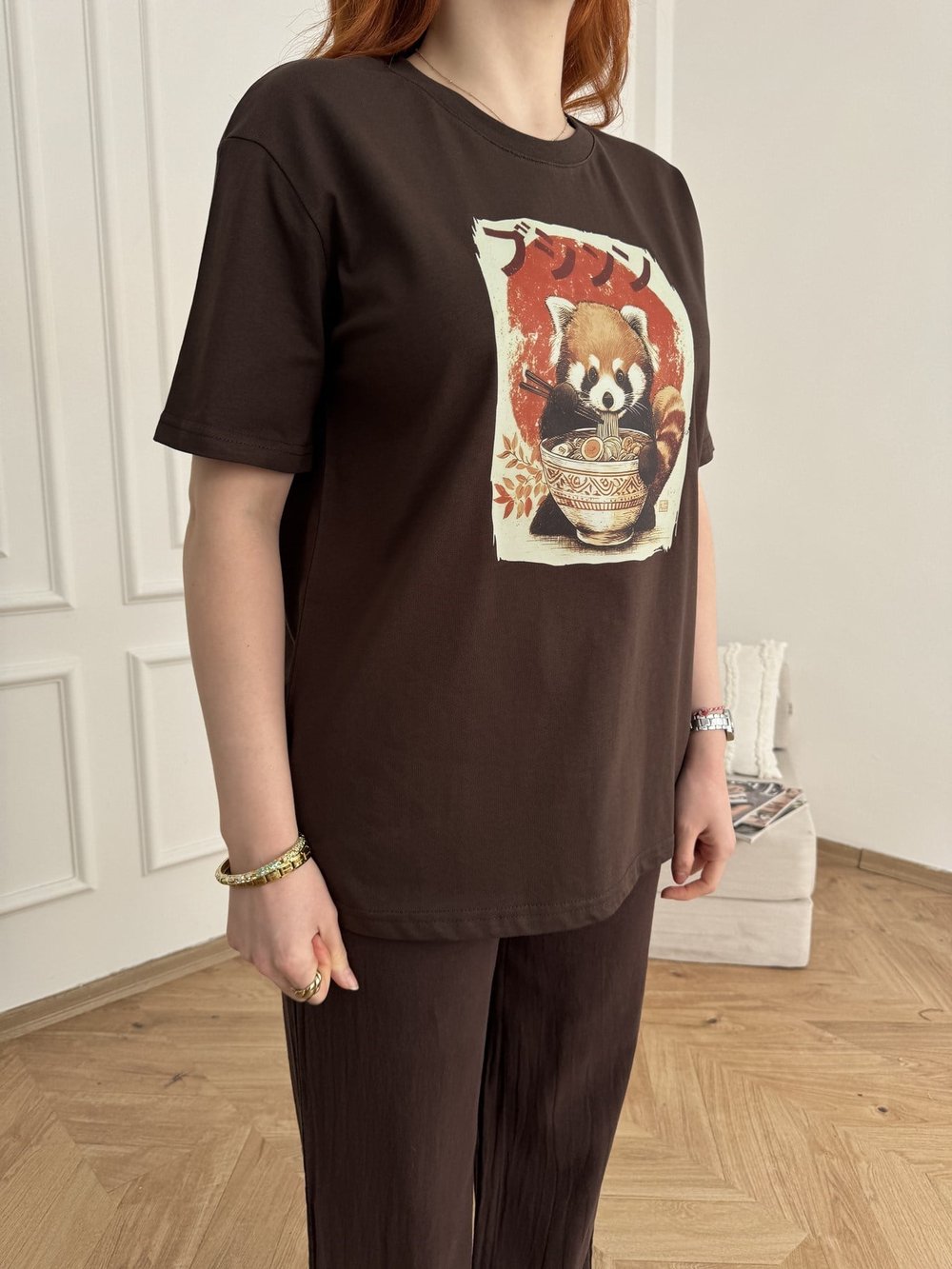 Spaghetti Panda Tişört Kahve