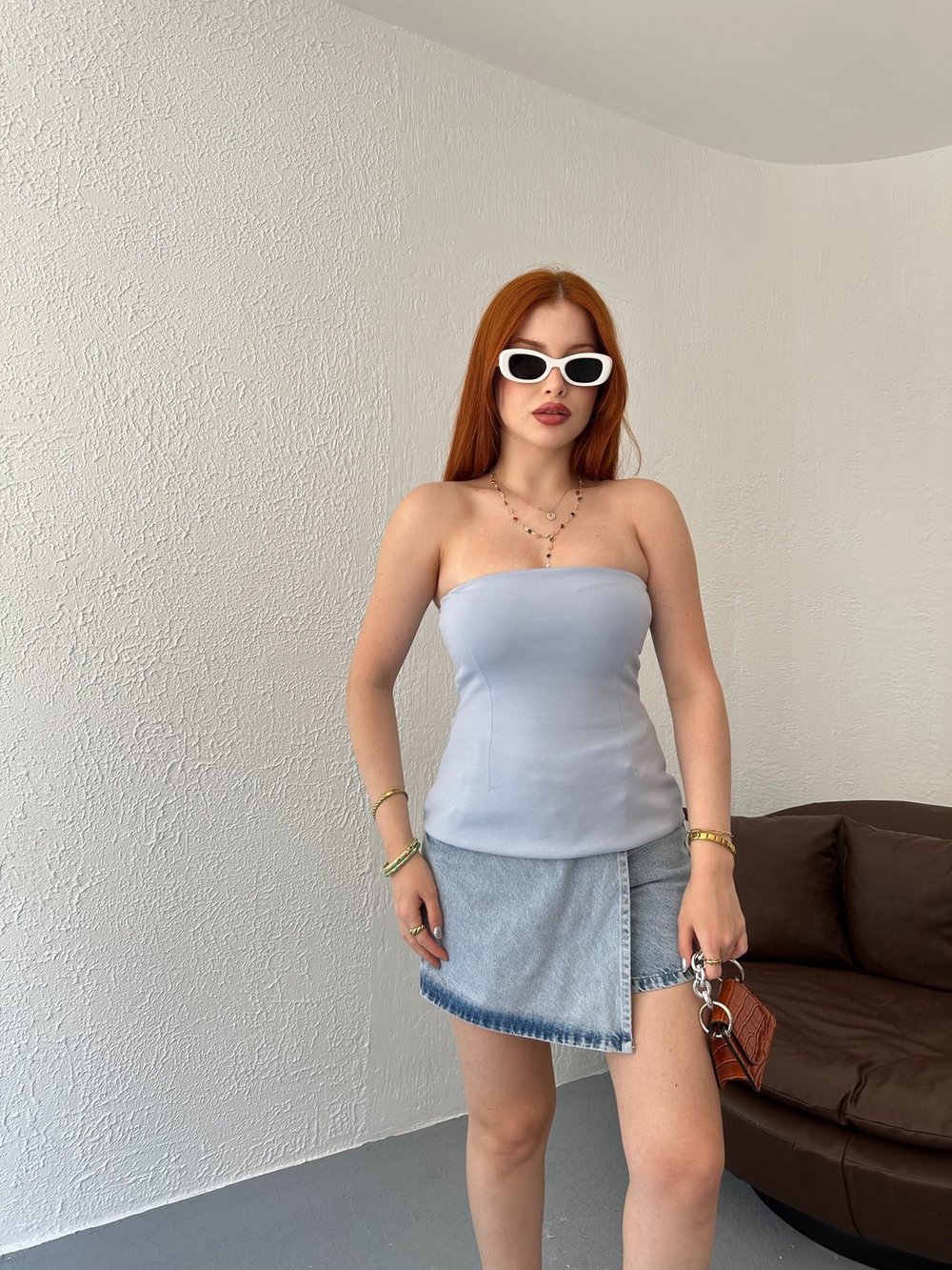 Straplez Bluz Açık mavi