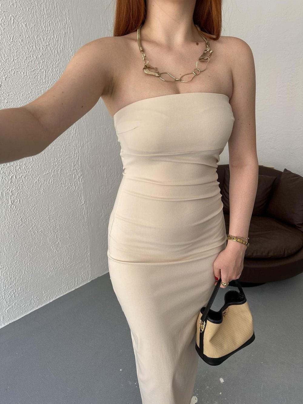 Straplez Midi Elbise Taş