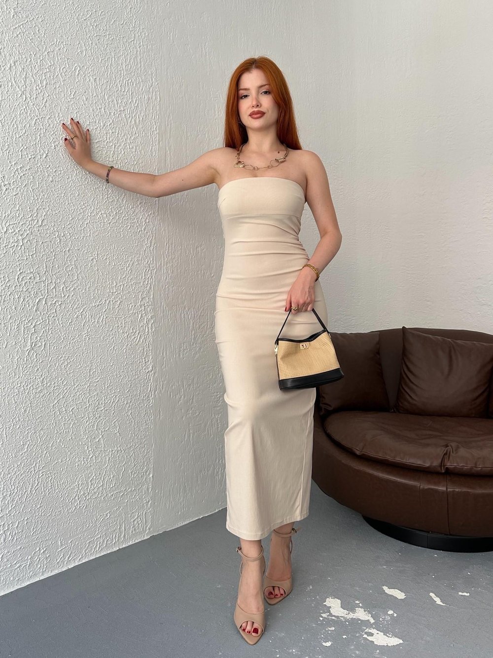 Straplez Midi Elbise Taş