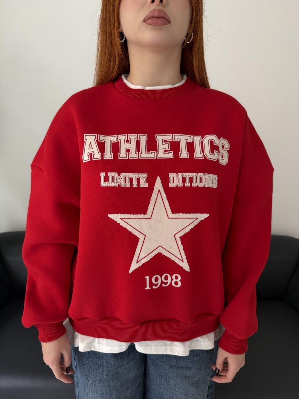 T-shirt Detaylı Flok Baskı Sweatshirt Kırmızı