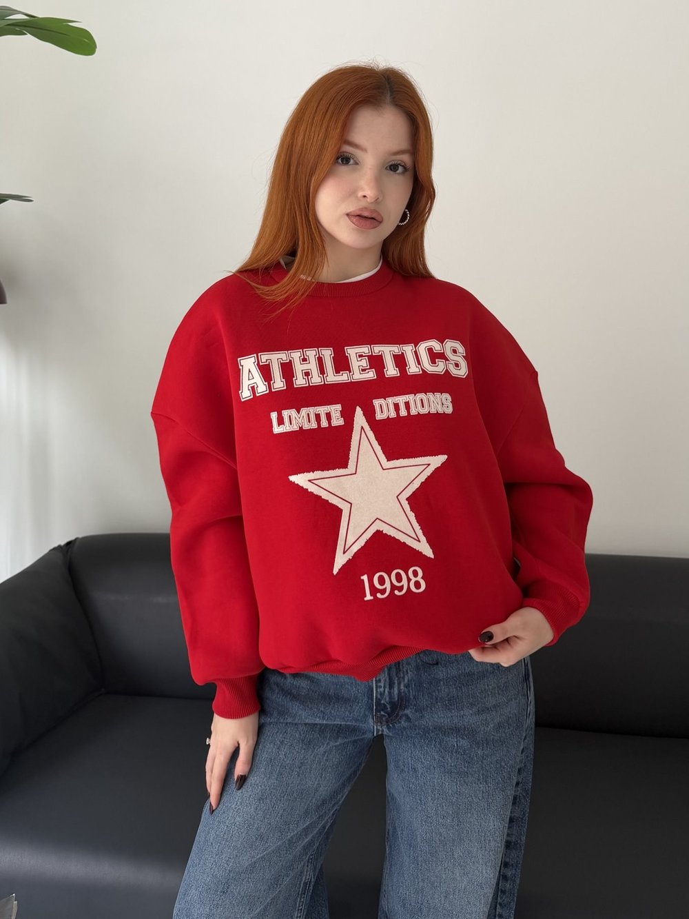T-shirt Detaylı Flok Baskı Sweatshirt Kırmızı