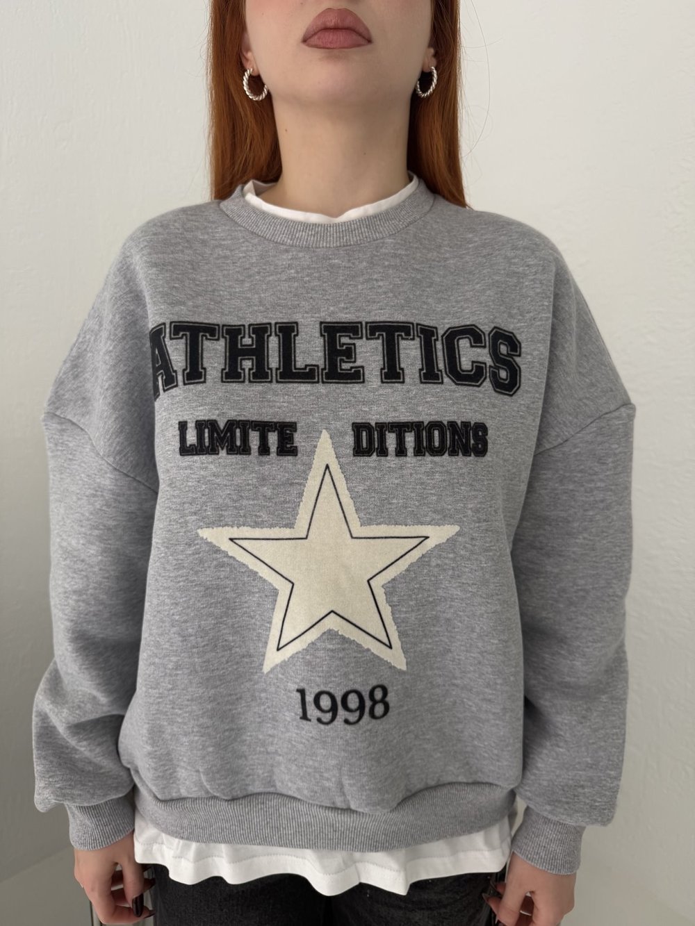T-shirt Detaylı Flok Baskı Sweatshirt Gri melanj