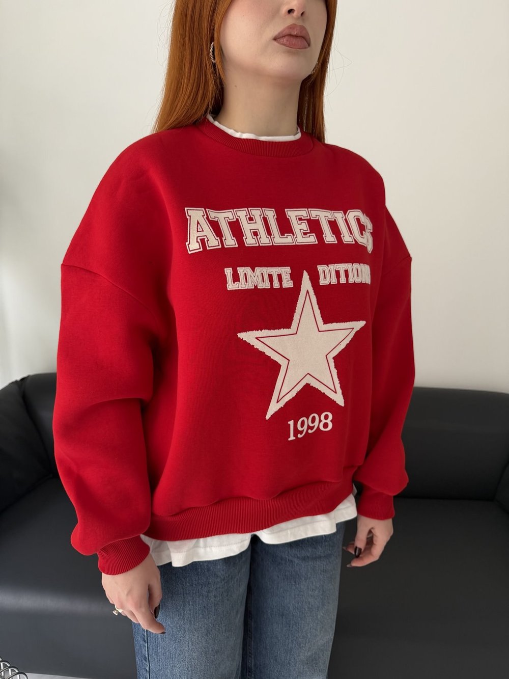 T-shirt Detaylı Flok Baskı Sweatshirt Kırmızı