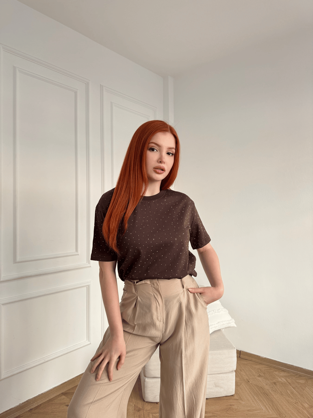 Taş Baskılı Tshirt Kahve