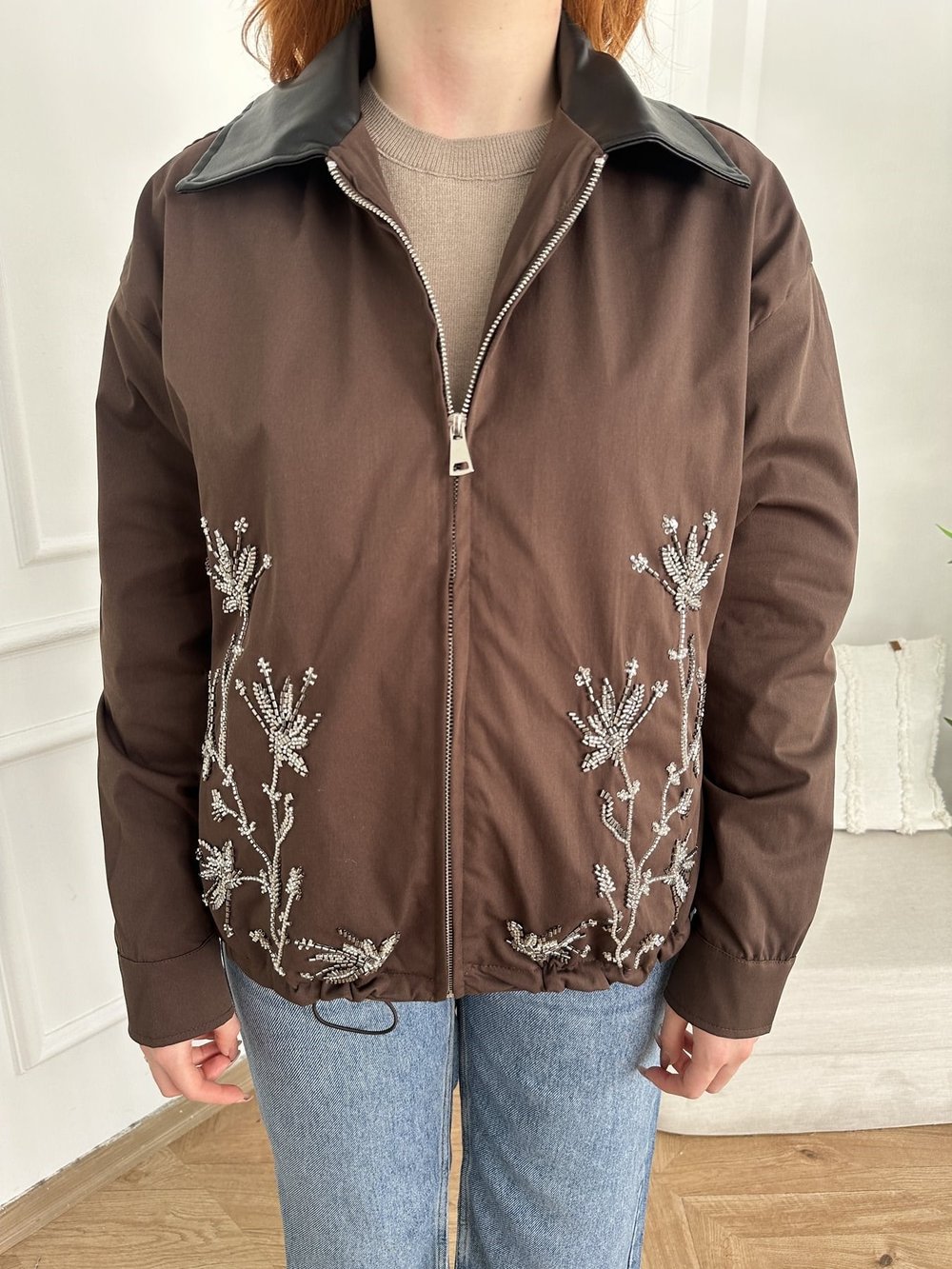 Taş Nakışlı Deri Yakalı Ceket Kahve